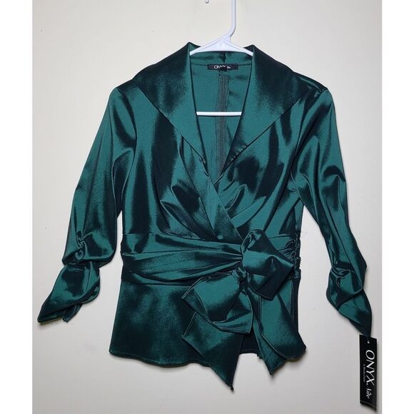 NWT|Onyx Nite Emerald Green Wrap Front Bow Top, SMALL - Picture 3 of 7